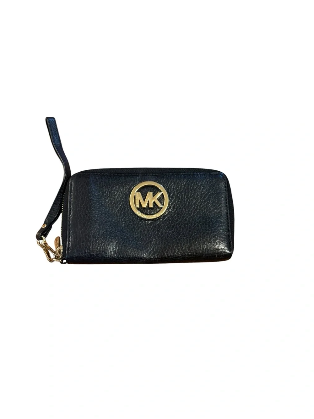 Michael Kors Black Leather Zip Wristlet with Gold MK Emblem